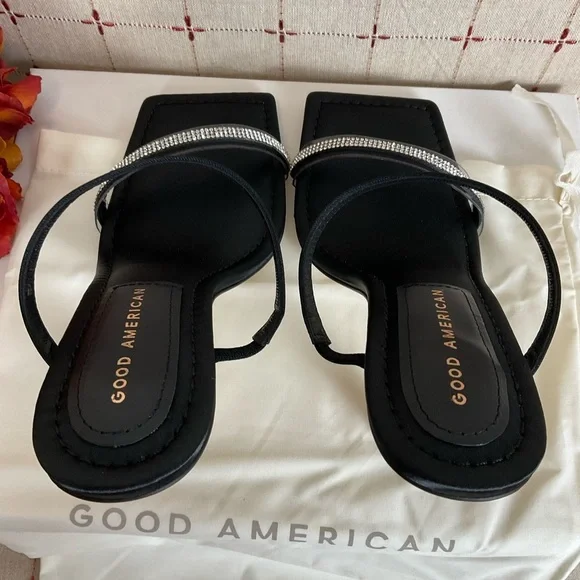 Good American Satin Strappy Heels Square Toe Sz 6.5 Black & Gold + Rhinestones - Picture 5 of 6
